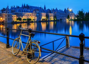 Bicycle on Hofvijer canal, close to Binnenhof, The Hague, The Netherlands